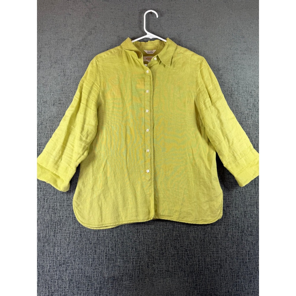 Talbots Irish Linen Button Down Shirt Lime Green 3/4 Sleeve Size 12